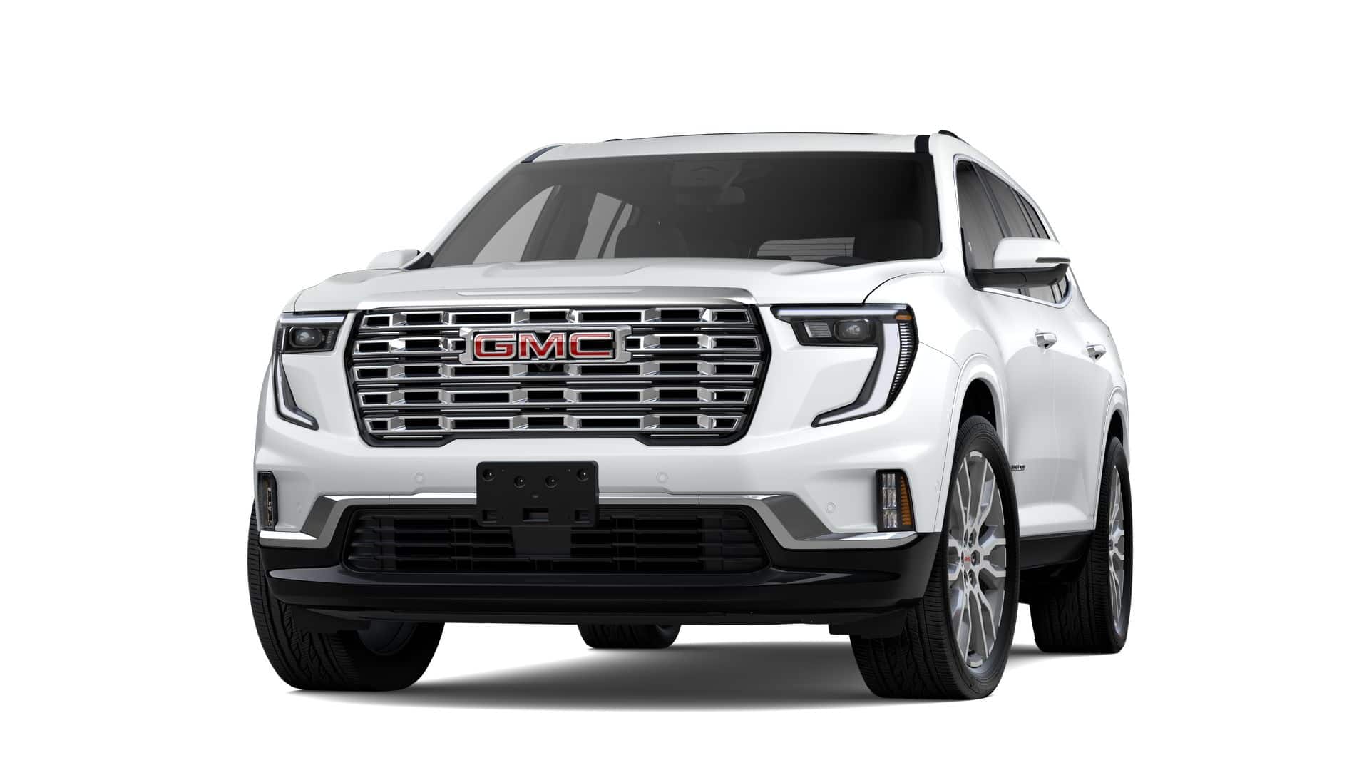 2026 GMC Acadia Denali in Summit White — front three-quarter view