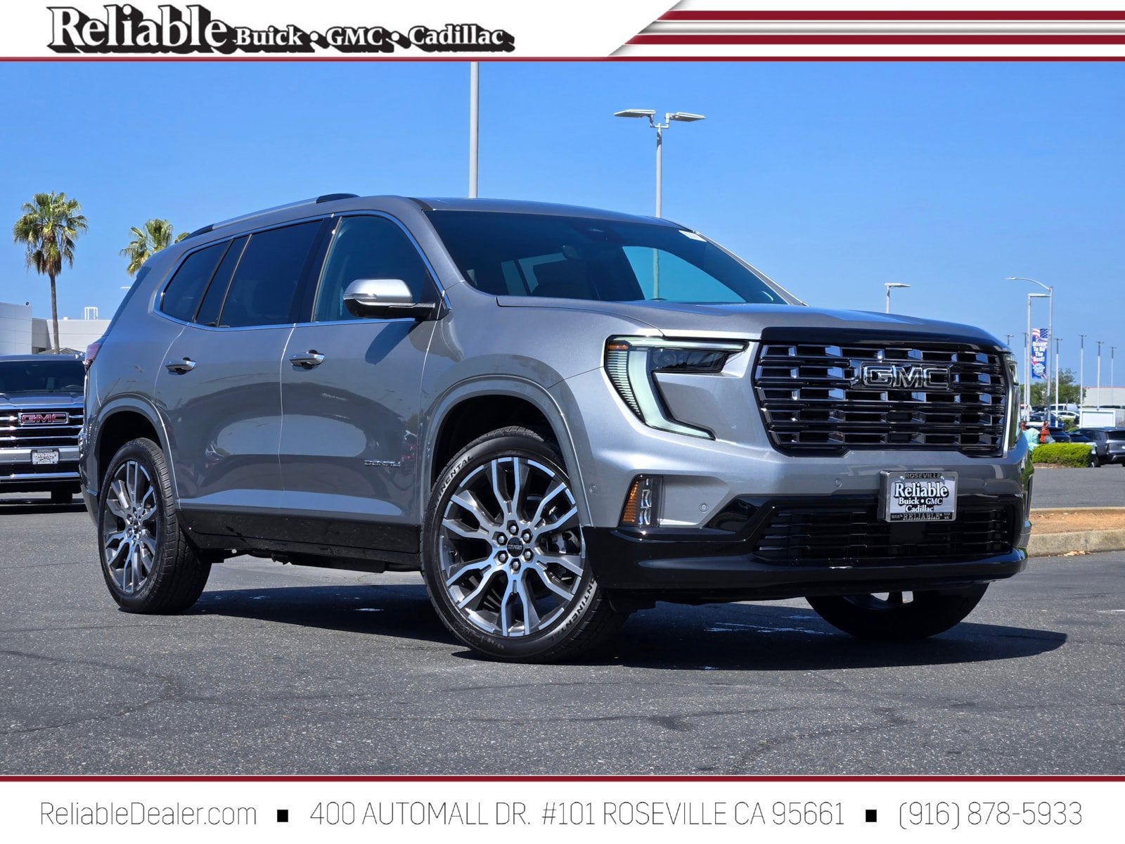 2026 GMC Acadia Denali Ultimate in Sterling Metallic — front three-quarter view