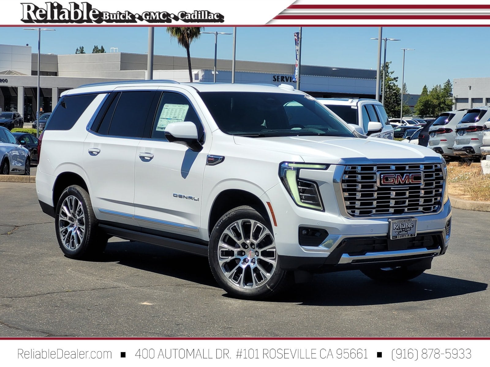 2026 GMC Yukon Denali in Glacier White Tricoat — front three-quarter view